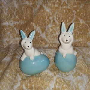 Set of  2  white Bunny Rabbits w Blue Egg  Figurine Ceramic